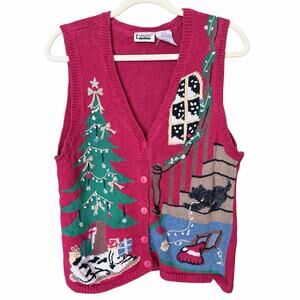 Vintage red holiday button sweater vest cardigan Christmas dogs cotton ramie M